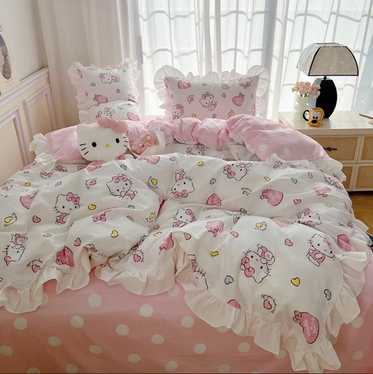 Hello Kitty Cotton Bedding Sheet Heart design with ruffles