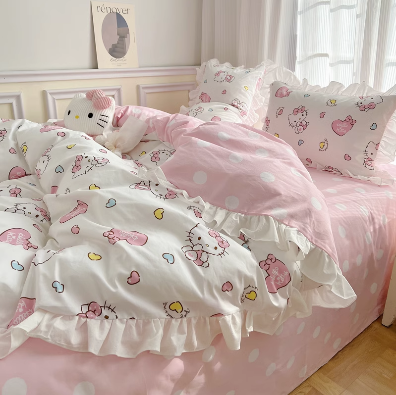 Hello Kitty Cotton Bedding Sheet Heart design with ruffles