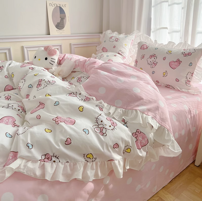 Hello Kitty Cotton Bedding Sheet Heart design with ruffles