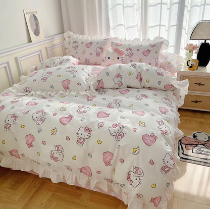 Hello Kitty Cotton Bedding Sheet Heart design with ruffles