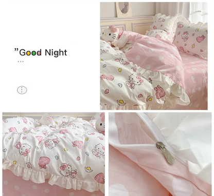 Hello Kitty Cotton Bedding Sheet Heart design with ruffles