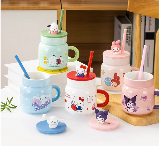 Sanrio Glass Water Cup with straw 450ml