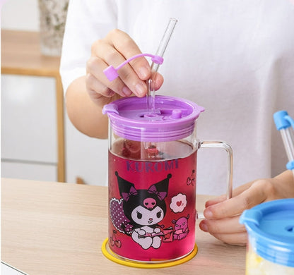 Sanrio glass cup with glass straw and lid 700ml