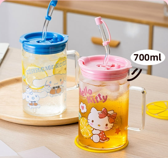 Sanrio glass cup with glass straw and lid 700ml