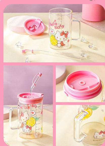 Sanrio glass cup with glass straw and lid 700ml