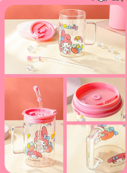 Sanrio glass cup with glass straw and lid 700ml