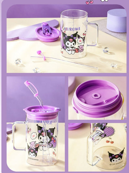 Sanrio glass cup with glass straw and lid 700ml