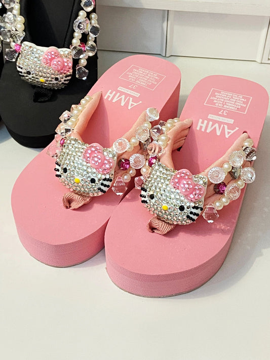 Hello Kitty Rhinestone High Platform Flip Flops Sandals Slippers