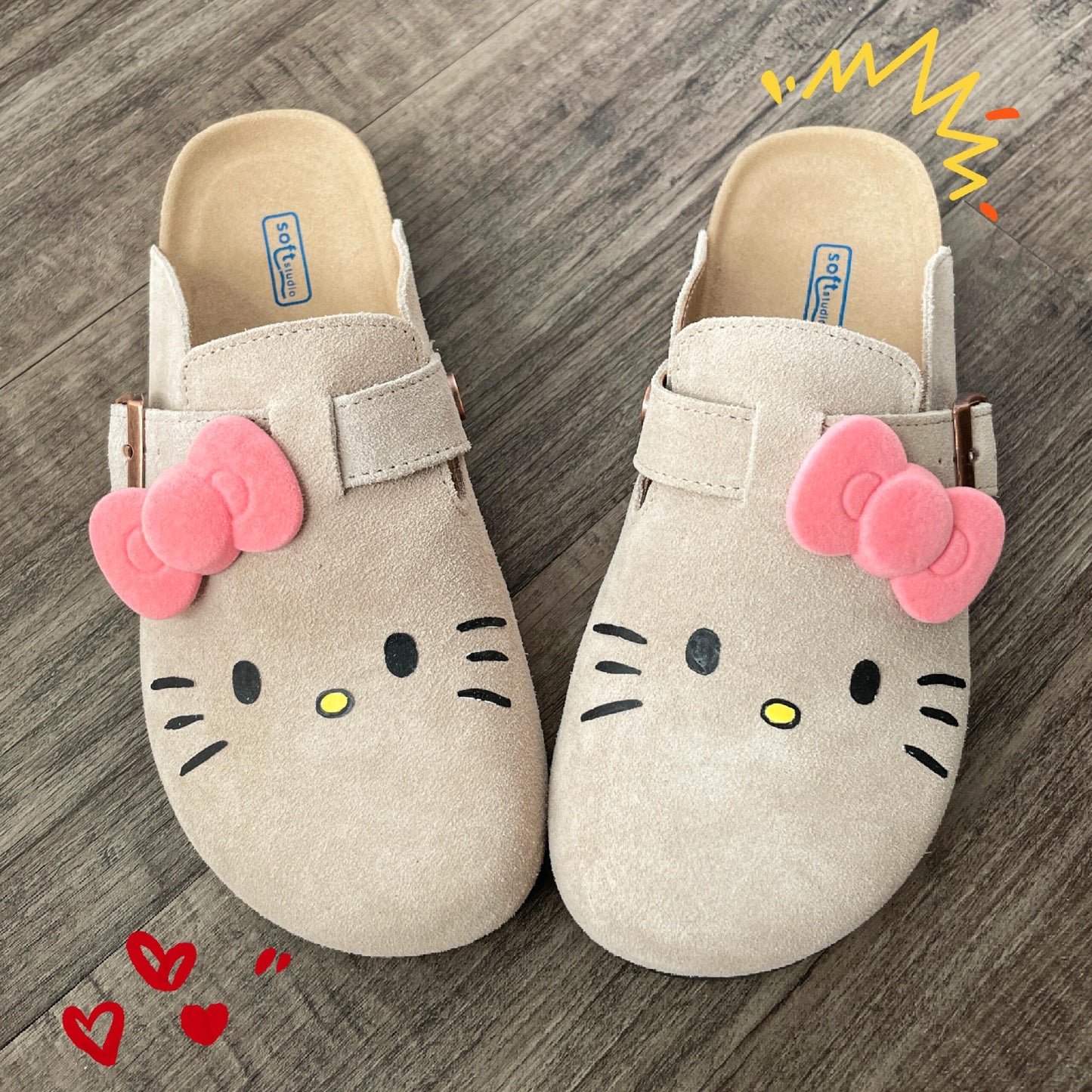 Hellokitty Suede Clogs Leather Mules Cork Footbed Sandals Potato Shoes with Arch Support