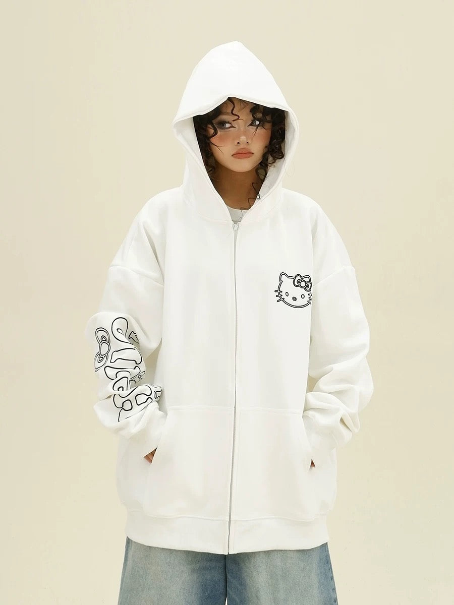 Hellokitty Hoodies Fall Jacket Oversized Sweatshirts Casual Drawstring Zip Up Y2K Cute Hoodie with Pocket