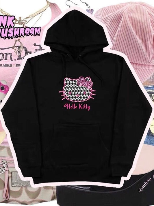 Hellokitty Rhinestone Hoodie Kawaii Pullover Cute Hooded Sweatshirt