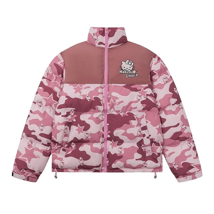 Hellokitty Camouflage  Winter Long Sleeve Zip Puffer Jacket Pockets Baggy Short Down Coats