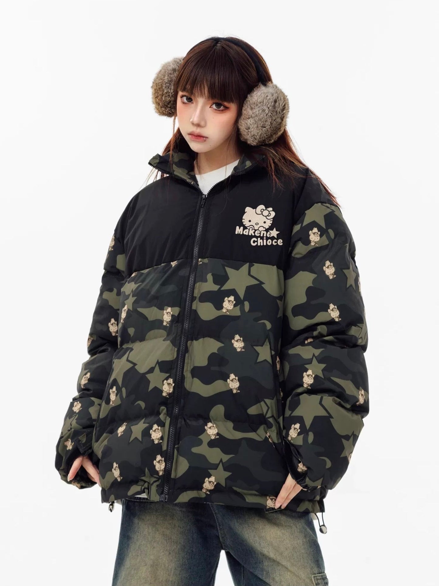 Hellokitty Camouflage  Winter Long Sleeve Zip Puffer Jacket Pockets Baggy Short Down Coats