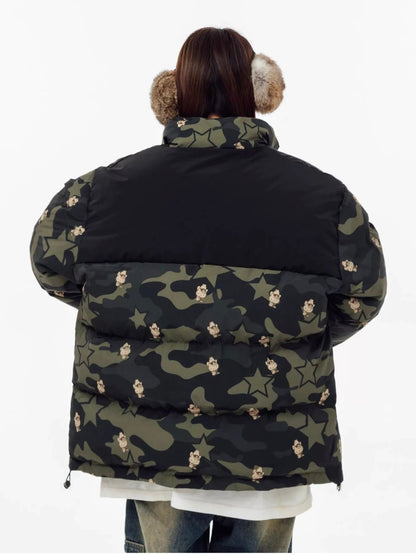 Hellokitty Camouflage  Winter Long Sleeve Zip Puffer Jacket Pockets Baggy Short Down Coats