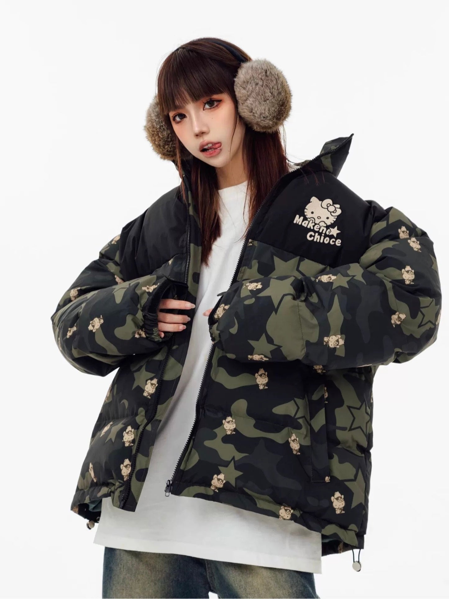 Hellokitty Camouflage  Winter Long Sleeve Zip Puffer Jacket Pockets Baggy Short Down Coats