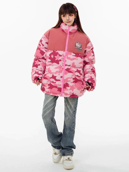 Hellokitty Camouflage  Winter Long Sleeve Zip Puffer Jacket Pockets Baggy Short Down Coats