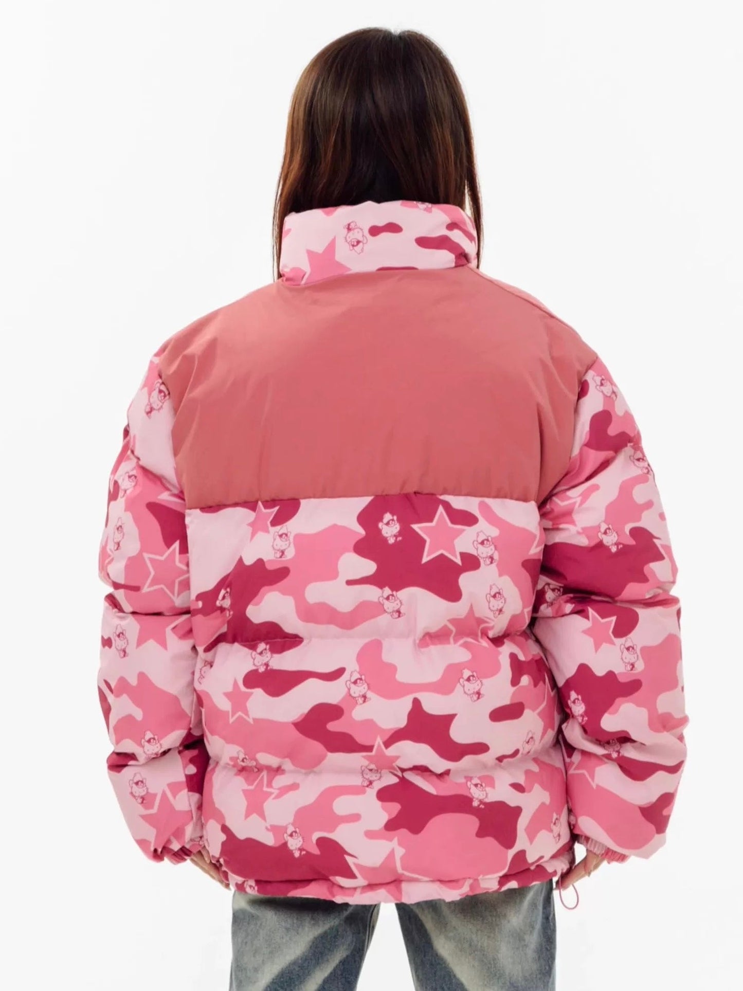 Hellokitty Camouflage  Winter Long Sleeve Zip Puffer Jacket Pockets Baggy Short Down Coats