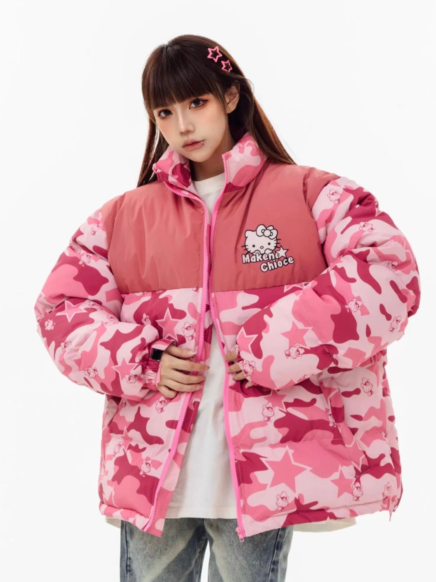 Hellokitty Camouflage  Winter Long Sleeve Zip Puffer Jacket Pockets Baggy Short Down Coats