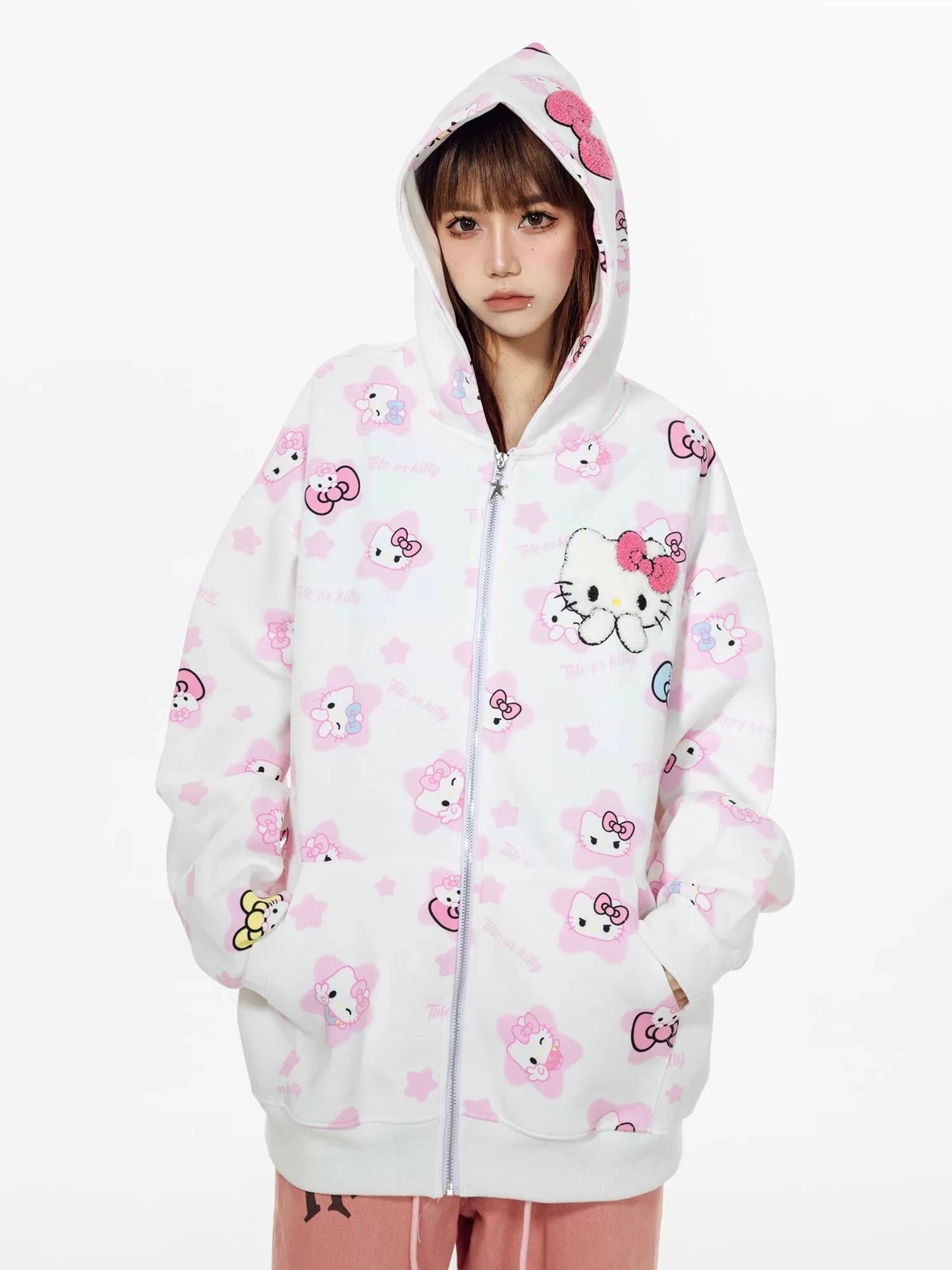 Hellokitty Hoodies Fall Jacket Oversized Sweatshirts Casual  Zip Up Y2K Hoodie with Pocket