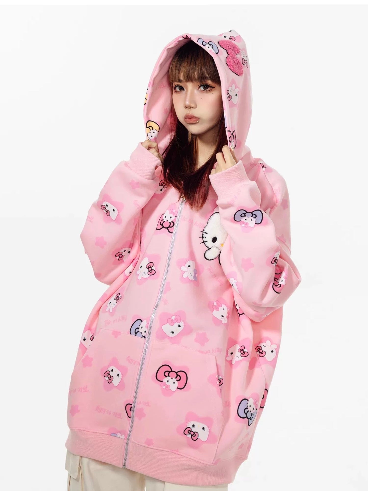 Hellokitty Hoodies Fall Jacket Oversized Sweatshirts Casual  Zip Up Y2K Hoodie with Pocket