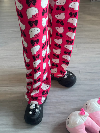 Hellokitty Comfy Pajama Pants for Women Casual Drawstring Palazzo Lounge Pants Stretch Wide Leg Bottoms