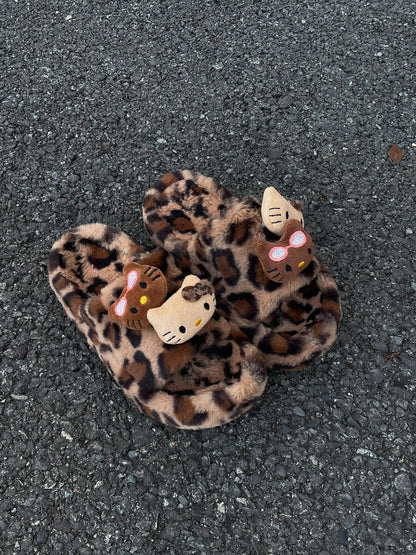 Hellokitty Leopard Print Cute Plush High-Heeled Fluffy Slippers