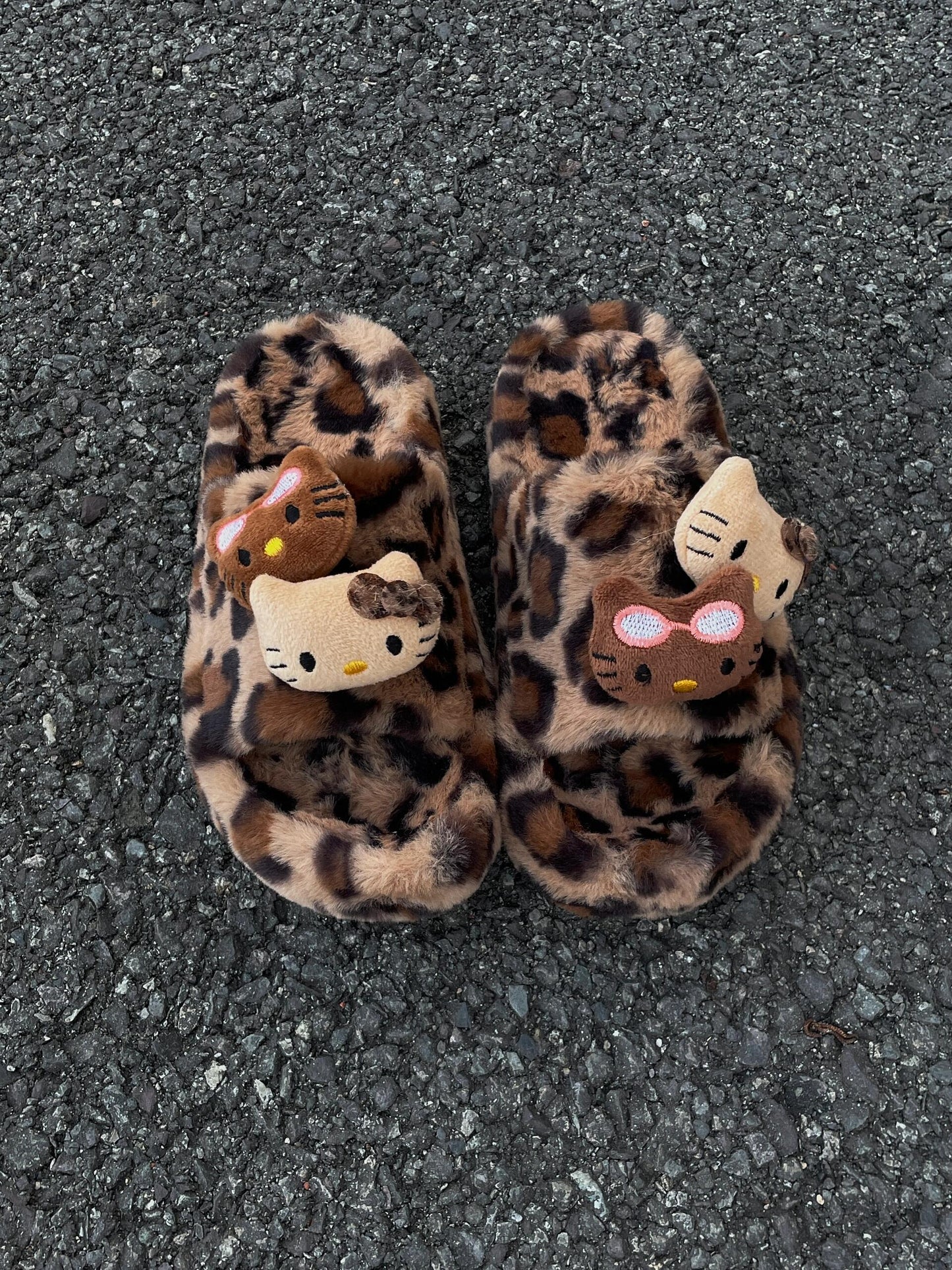 Hellokitty Leopard Print Cute Plush High-Heeled Fluffy Slippers