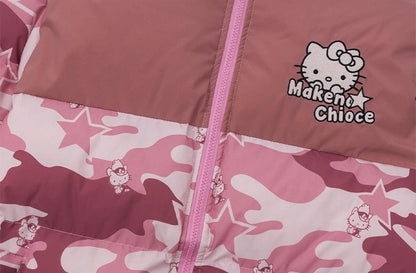 Hellokitty Camouflage  Winter Long Sleeve Zip Puffer Jacket Pockets Baggy Short Down Coats