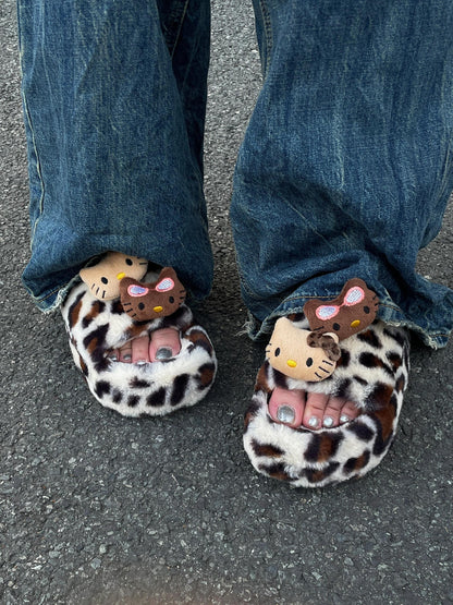 Hellokitty Leopard Print Cute Plush High-Heeled Fluffy Slippers