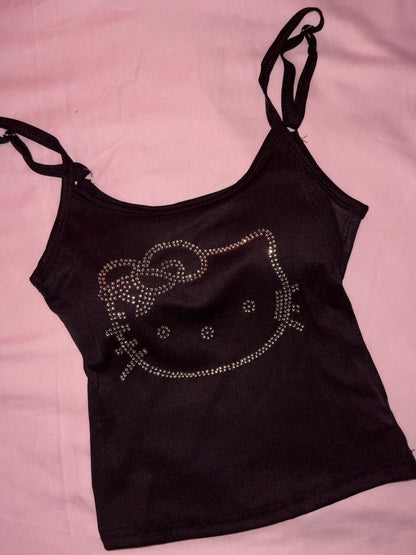 Hellokitty Rhinestone Camisoles Tops with Built in Padded Bra Basic Breathable Tank Top