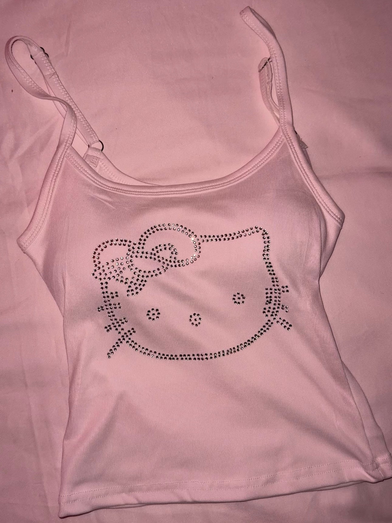 Hellokitty Rhinestone Camisoles Tops with Built in Padded Bra Basic Breathable Tank Top