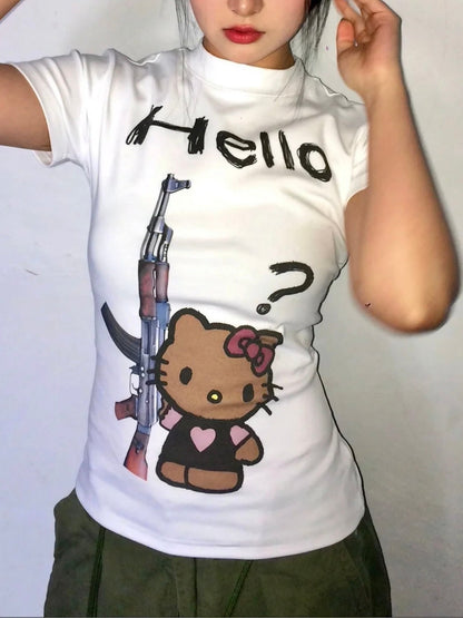 Hellokitty Funny Sleeves Short Sleeve Tee Casual Summer T Shirt Top