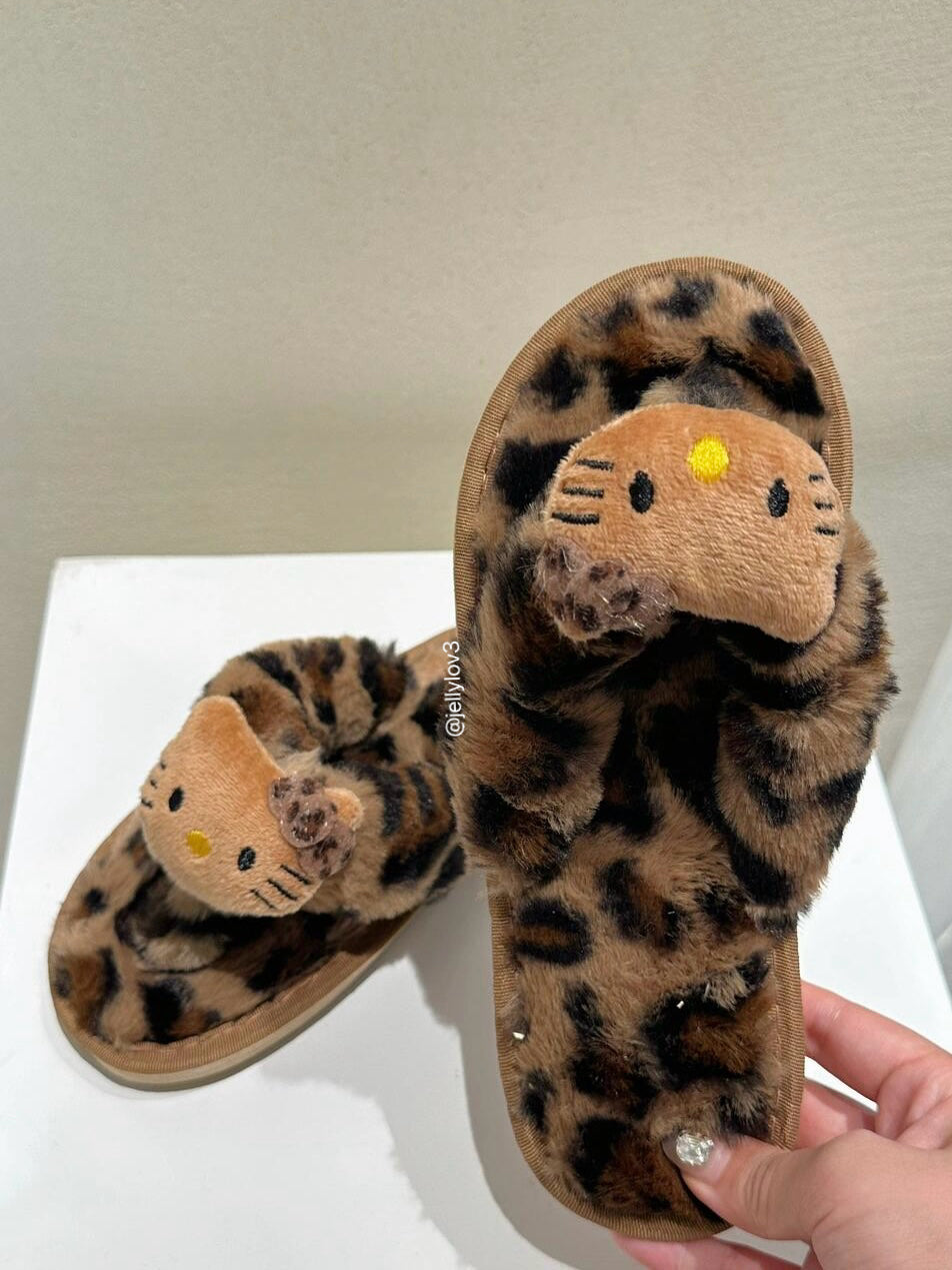 Hellokitty Leopard Print Cute Plush Fluffy Flip-flops Slippers