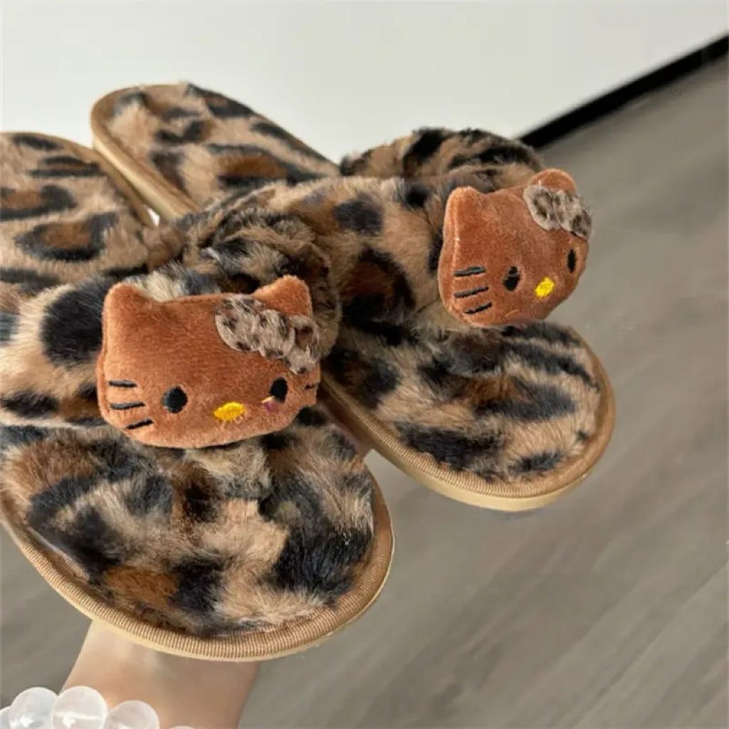 Hellokitty Leopard Print Cute Plush Fluffy Flip-flops Slippers