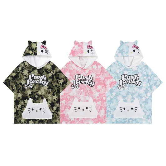 Hellokitty Camouflage Hooded Short Sleeve Tee Casual Summer T Shirt Top