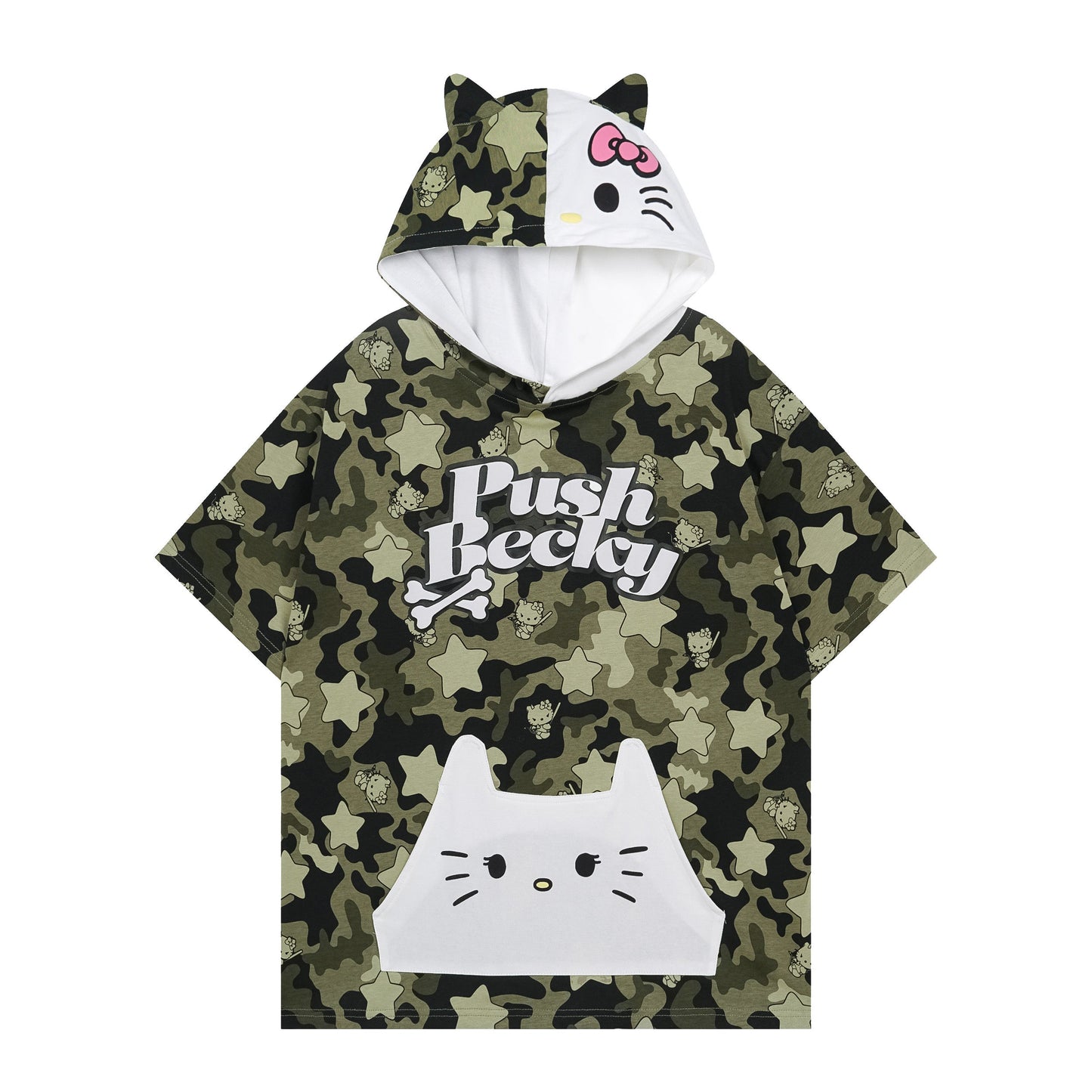 Hellokitty Camouflage Hooded Short Sleeve Tee Casual Summer T Shirt Top