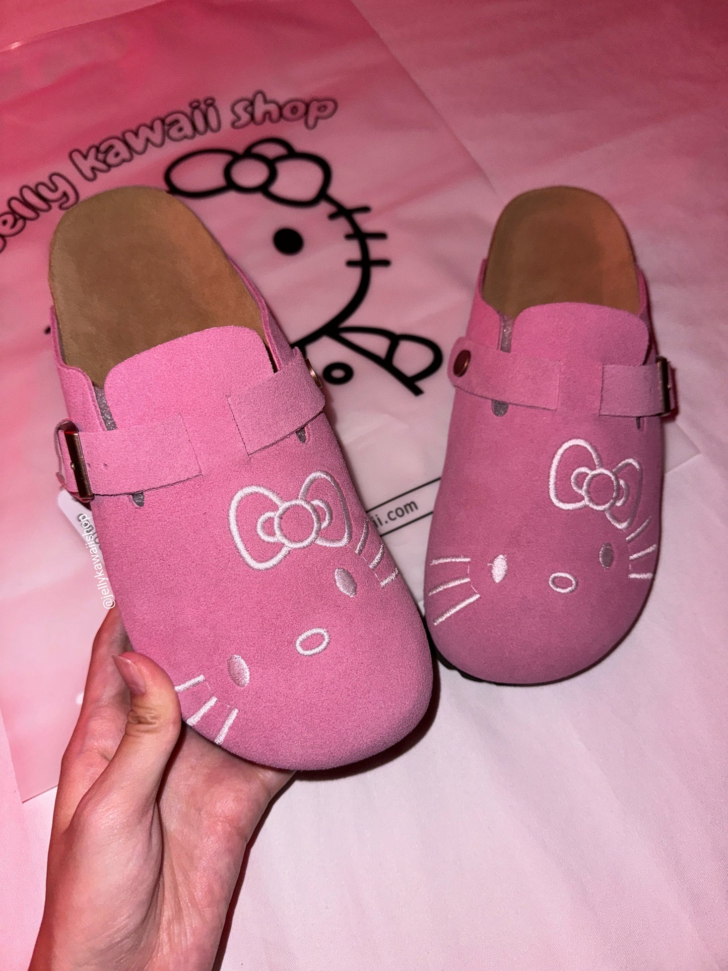 Hellokitty Pink Suede Clogs Leather Mules Cork Footbed Sandals Potato Shoes with Arch Support