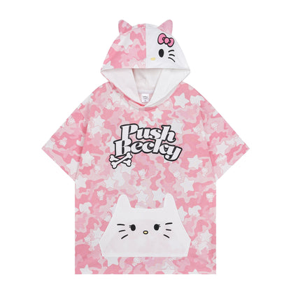 Hellokitty Camouflage Hooded Short Sleeve Tee Casual Summer T Shirt Top