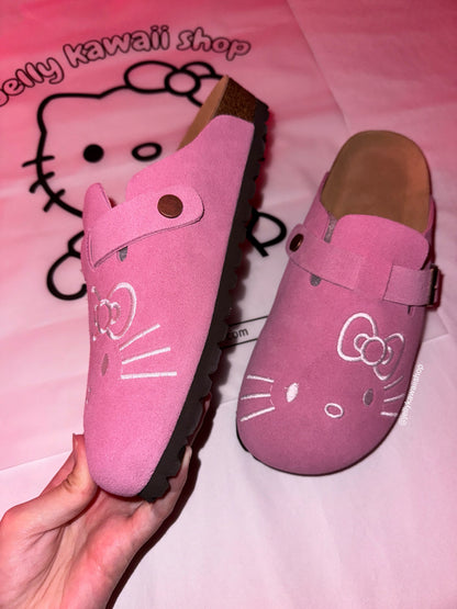 Hellokitty Pink Suede Clogs Leather Mules Cork Footbed Sandals Potato Shoes with Arch Support