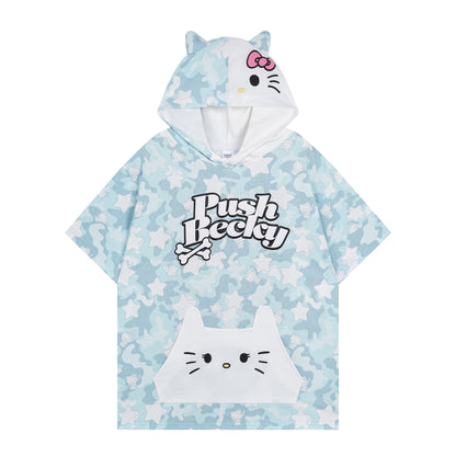 Hellokitty Camouflage Hooded Short Sleeve Tee Casual Summer T Shirt Top