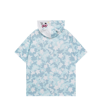 Hellokitty Camouflage Hooded Short Sleeve Tee Casual Summer T Shirt Top