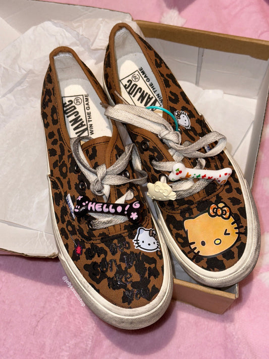 Hellokitty Leopard Print Fashion Distressed Sneakers Cute Canvas Slip on Shoes