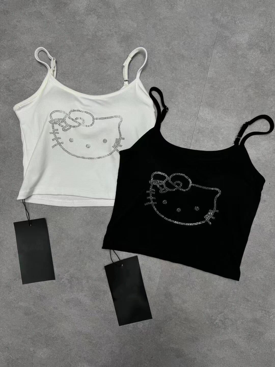 Hellokitty Rhinestone Camisoles Tops with Built in Padded Bra Basic Breathable Tank Top