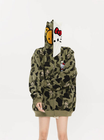 KT Camouflage Hoodies Fall Jacket Oversized Sweatshirts Casual Drawstring Zip Up Y2K Hoodie with Pocket