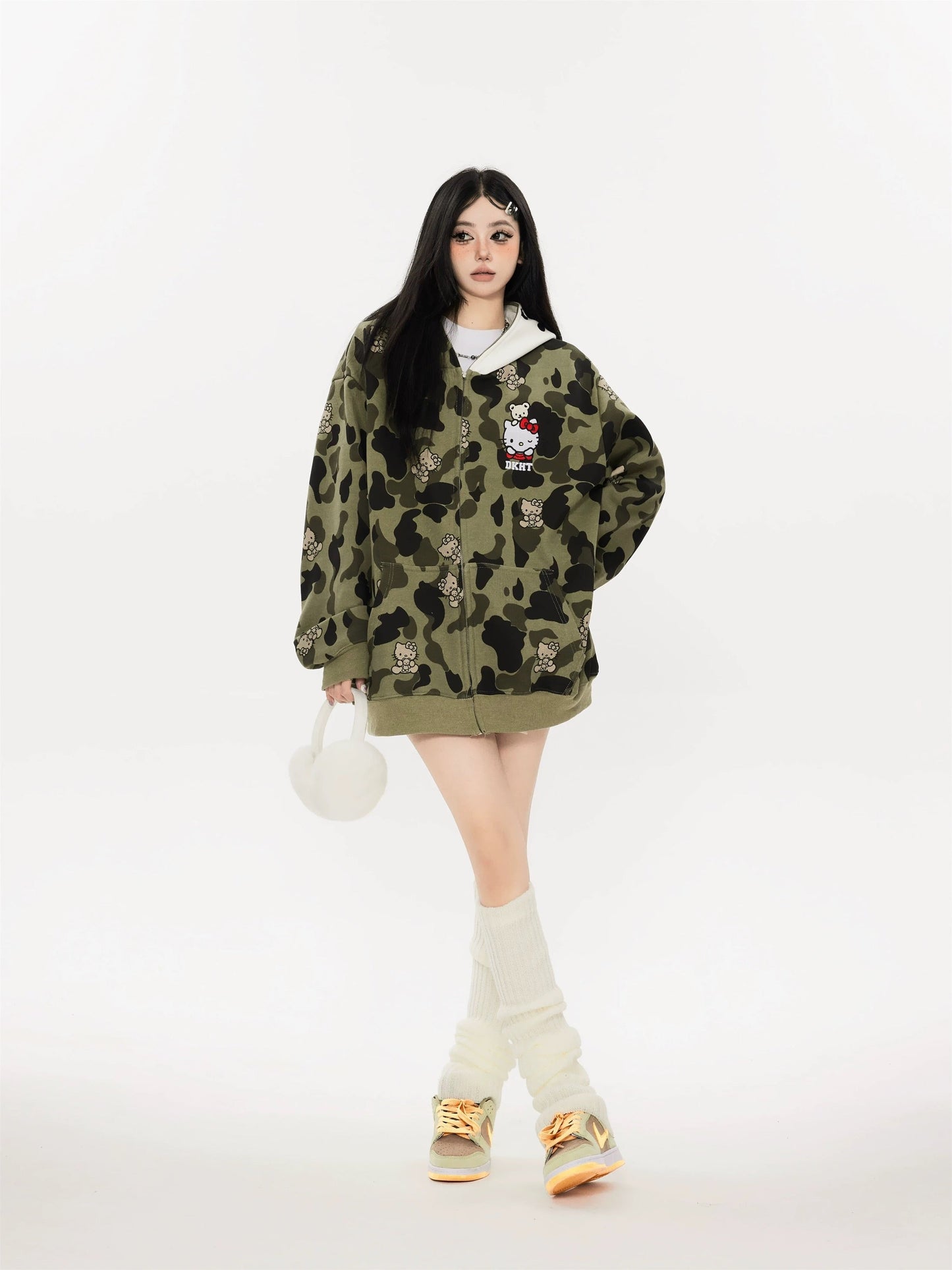 KT Camouflage Hoodies Fall Jacket Oversized Sweatshirts Casual Drawstring Zip Up Y2K Hoodie with Pocket