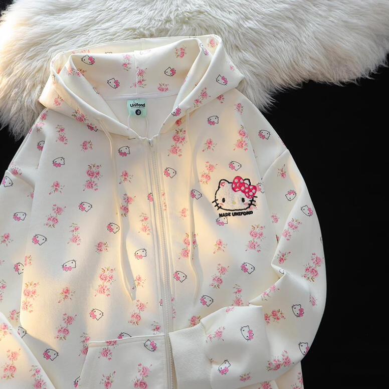 Hellokitty Cute Hoodies Fall Jacket Oversized Sweatshirts Casual Drawstring Zip Up Y2K Hoodie with Pocket