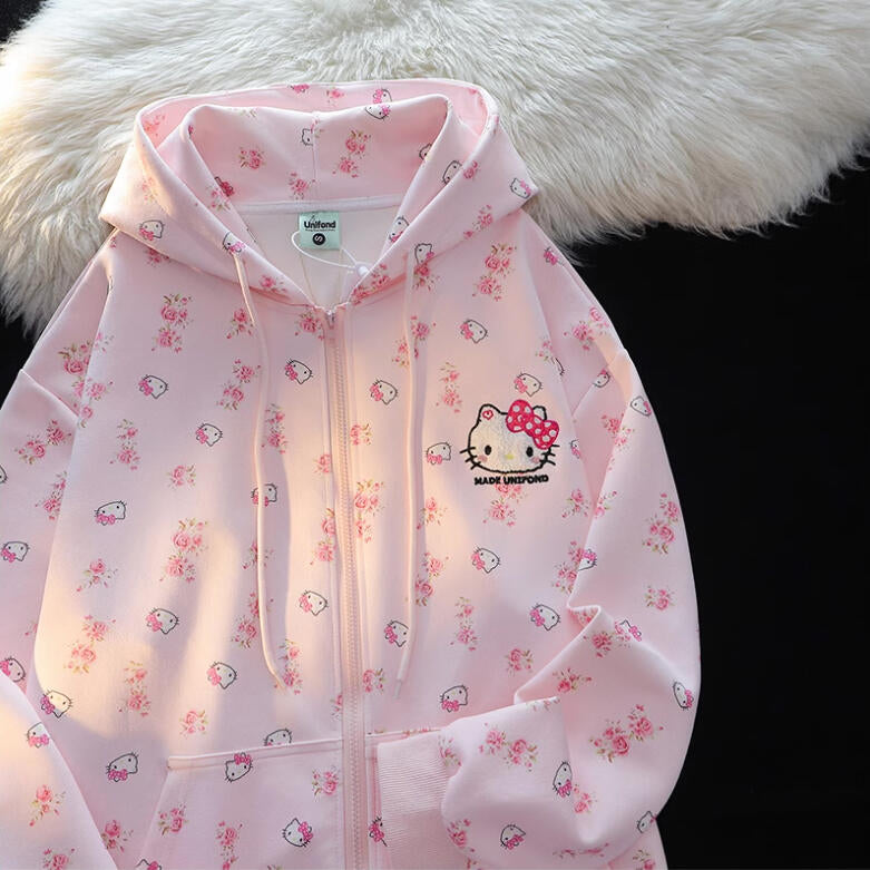 Hellokitty Cute Hoodies Fall Jacket Oversized Sweatshirts Casual Drawstring Zip Up Y2K Hoodie with Pocket