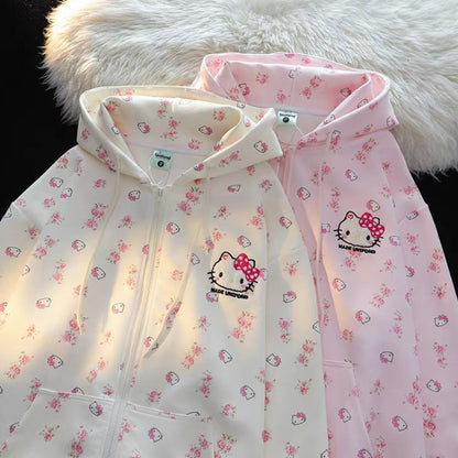 Hellokitty Cute Hoodies Fall Jacket Oversized Sweatshirts Casual Drawstring Zip Up Y2K Hoodie with Pocket