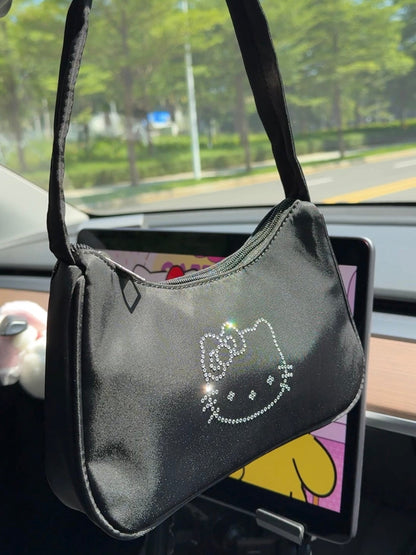 Hellokitty Black Hobo Bag for Women Nylon Shoulder Crossbody Bags Y2K Small Clutch Totes Handbag Evening Armpit Top Handle Purse