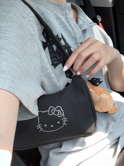 Hellokitty Black Hobo Bag for Women Nylon Shoulder Crossbody Bags Y2K Small Clutch Totes Handbag Evening Armpit Top Handle Purse